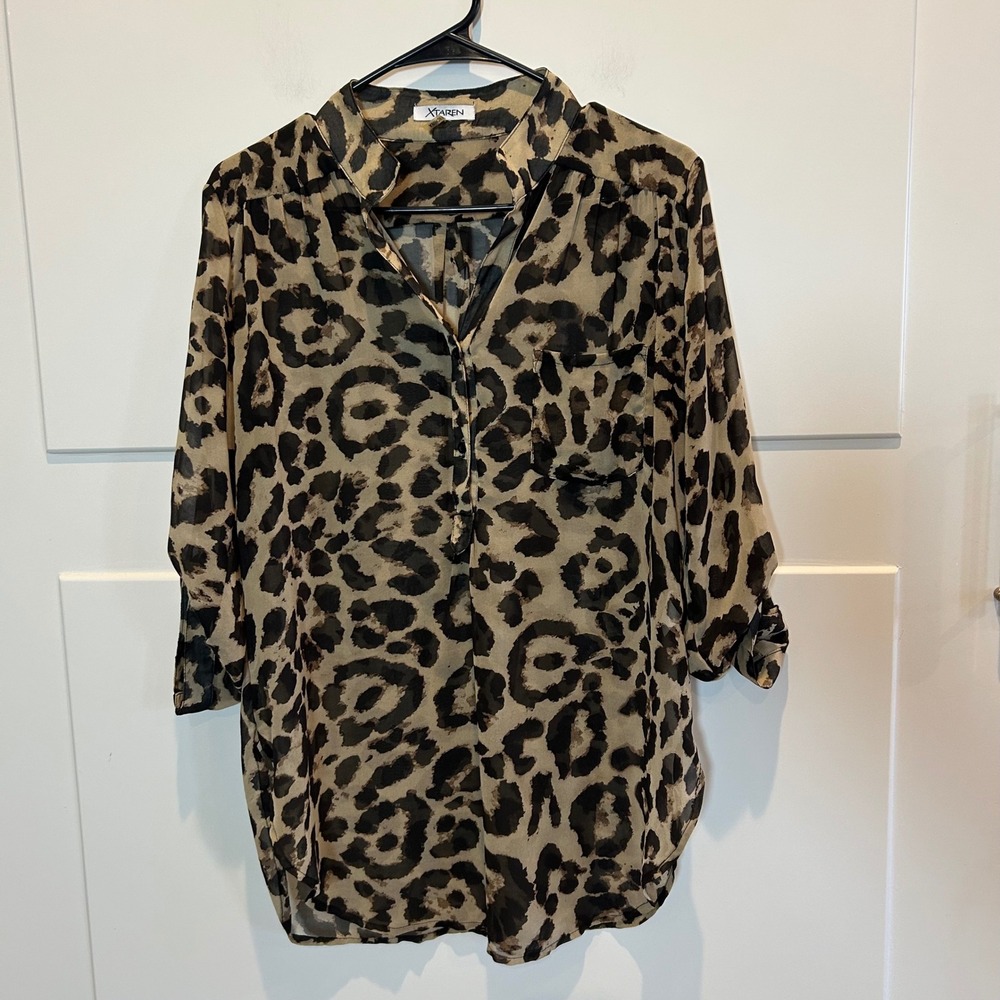 XTaren Leopard Print Chiffon‎ Button Down Tunic Shirt Women's L Feminine Sexy